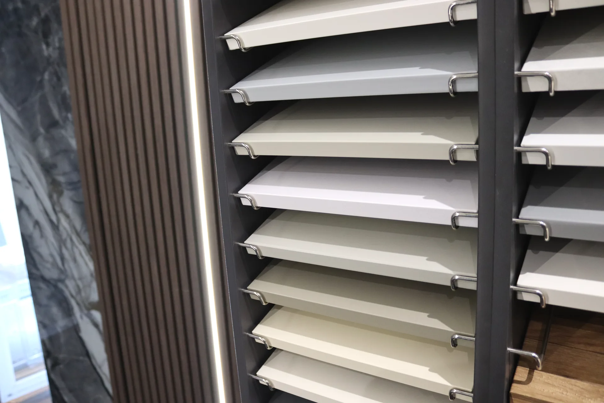 Grey finish sample swatch rack, kitchen wrap showroom Cambuslang